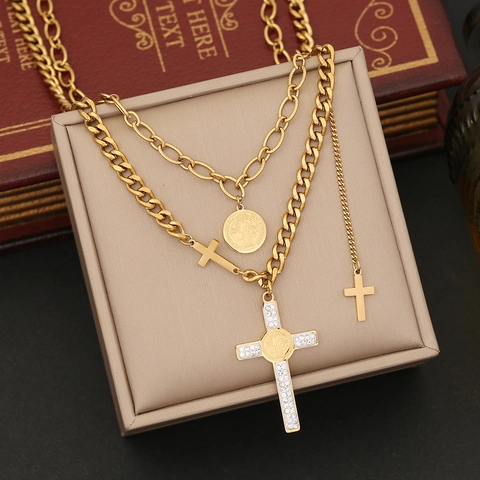 Stainless Steel Necklace And Earrings Gold Plated Multi Layer Cross Virgin Mary Pendant Coin Rhinestone Artificial Pearl For Women