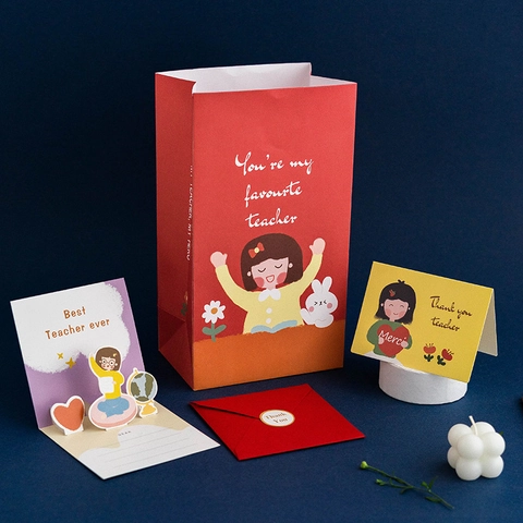 Kraft Paper Gift Bags Cartoon Illustration Appreciation Packaging Bag With Stickers For Teachers Gift Wrapping