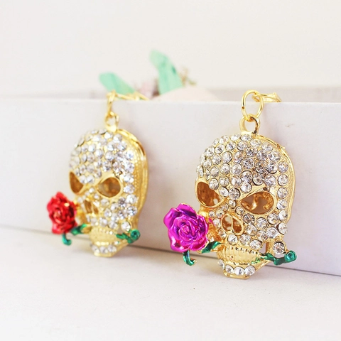 Schädel Schlüsselanhänger Mit Strass Und Rose Emaille Zinklegierung Gothic Taschenanhänger Metall Schlüsselring Charm