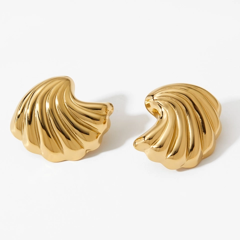 Seashell Stud Earrings Stainless Steel PVD Gold Plated Waterproof Hypoallergenic 3D Textured French Vintage For Women