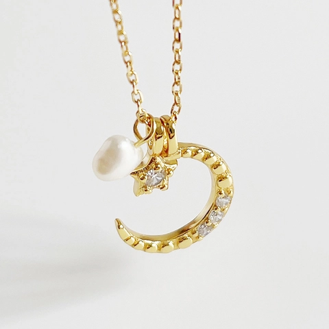 Collana Sole Luna Stella Argento Sterling 925 Placcato Oro 18K Perla Acqua Dolce Zirconia Girocollo Gioielli Eleganti Francesi