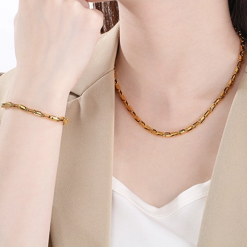 Stainless Steel Necklace And Bracelet Unique Rectangular Link Chain Gold Silver Versatile Punk Style Unisex Jewelry