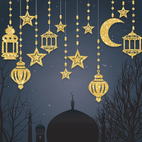 Eid Mubarak Ramadan Hanging Decorations Star Moon Lantern Paper Garland For Eid Al Fitr Home Party Background Venue Decor