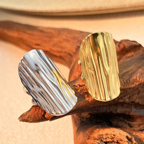 Vertical Texture Stainless Steel Ring Wide Tree Bark Open Band Adjustable Minimalist Bohemian Jewelry For Women Men