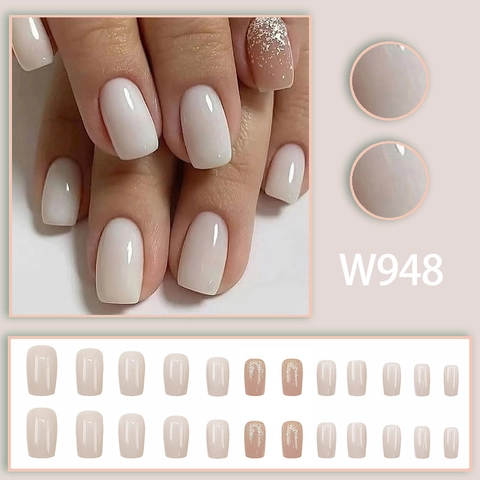 French Square Press On Nails Milky White Nude Pink Glossy With Silver Glitter Artificial False Nails For Women