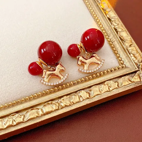 Rocking Horse Drop Earrings Inlaid Zircon Red Beads Vintage Style Copper Women Jewelry With Silver Earring Post