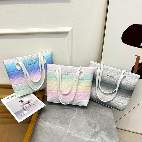 Quilted Tote Bag Gradient PU Leather Large Capacity Shoulder Bag Fashion Casual Macaron Color Women Handbag