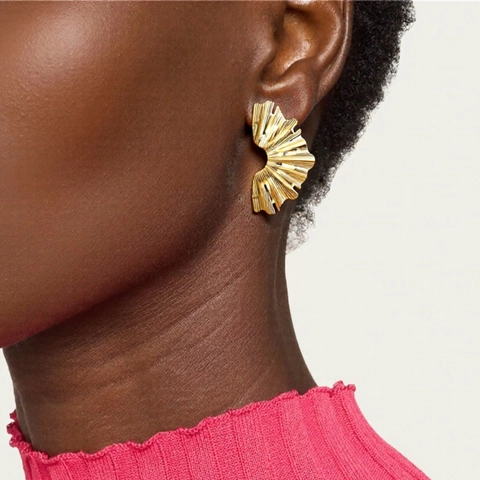 Ginkgo Leaf Stud Earrings 18K Gold Plated Stainless Steel Wrinkled Fan Shape Minimalist Jewelry For Women