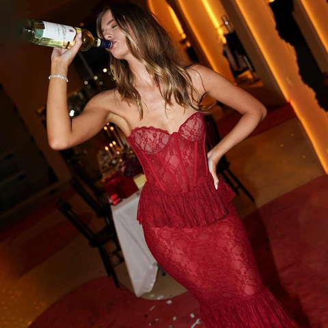 Robe Maxi En Dentelle Sans Bretelles Ourlet Queue De Poisson Taille Haute Soirée Club Acétate Élasthanne Sexy Femmes
