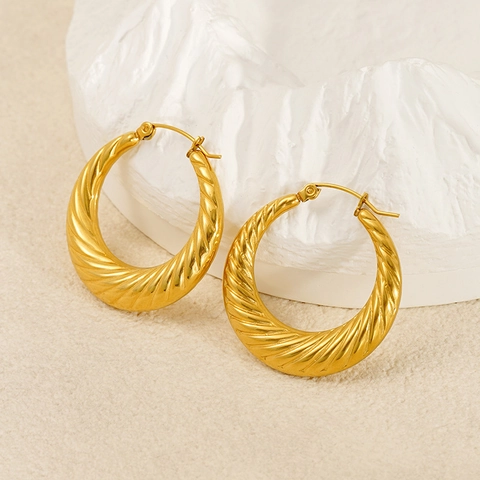 Pendientes De Aro Con Textura De Espiral Retorcida Acero Inoxidable Chapado En Oro De 18K Estilo Croissant Francés