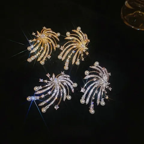 Pendientes De Botón Estrella Fuegos Artificiales Cobre Con Circonita Perla Artificial Imitación Poste Plata Elegante Para Mujer