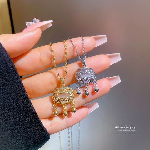 Titanium Steel Chain Necklace Copper Ruyi Lock Pendant With Faux White Stone Rhinestone Tassel Vintage Style For Women