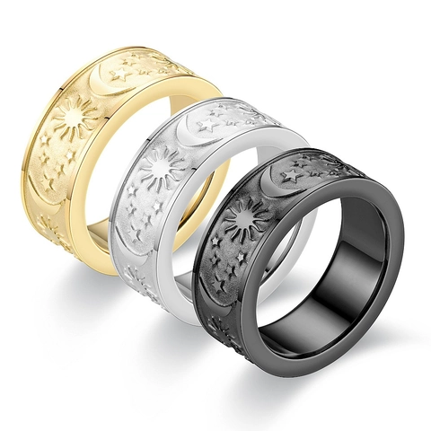 Anillo Grabado Sol Luna Estrella de Acero de Titanio Bohemio para Hombres Mujeres Acabado Mate Vintage Joyería de Banda Celestial Regalo
