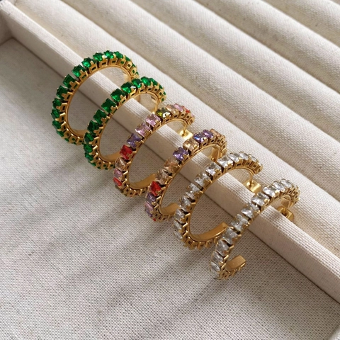 C-Förmige Creolen Vergoldeter Edelstahl Bunte Quadratische Zirkonia Inlay Wasserdichter Modeschmuck Damen