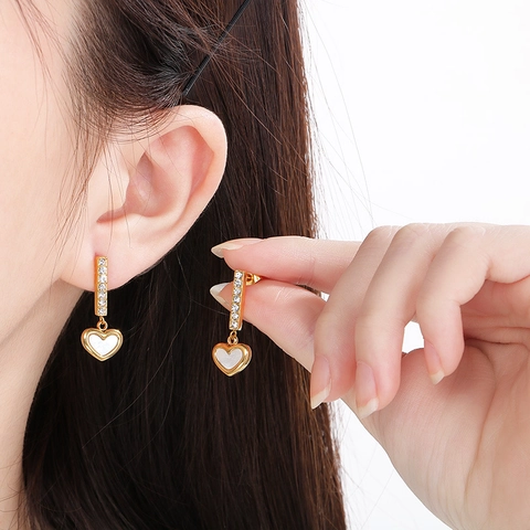 Elegantes Pendientes De Corazón Para Mujer Acero Inoxidable Incrustación De Concha Y Diamantes De Imitación Joyería