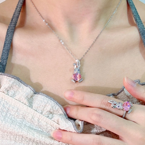 Cute Rabbit Jewelry Necklace Adjustable Ring Stud Earrings Copper White Gold Plated Pink Cubic Zirconia Micro Pave Animal