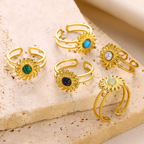 Anello Aperto Regolabile con Motivo Solare in Acciaio Inossidabile Vintage per Donna Stile Francese Gioielli con Gemme Incastonate Accessorio Moda