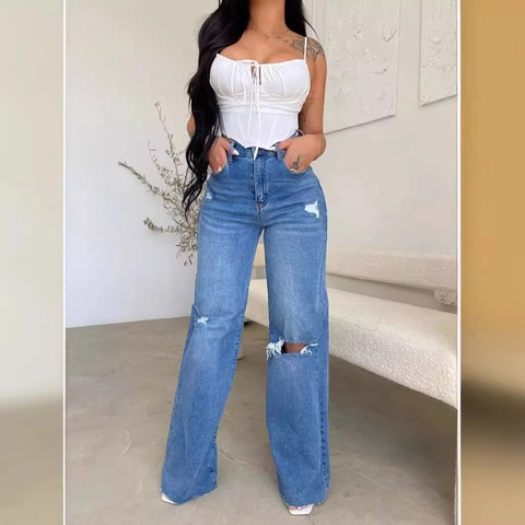 High Waisted Wide Leg Ripped Jeans Denim Distressed Lockere Gerade Lange Hose Für Damen