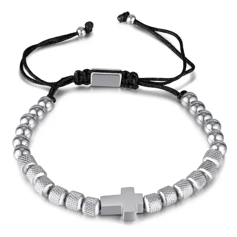 Stainless Steel Cross Pendant Beaded Bracelet Adjustable Braided Rope Textured Beads Fashion Jewelry For Men