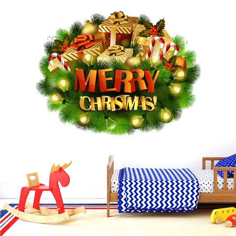 Kerstkrans Muursticker PVC Waterdicht Merry Christmas Belettering Cadeauverpakking Zuurstok Sticker Voor Woonkamer Slaapkamer Winkel Decoratie