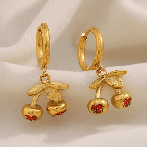Orecchini A Ciliegia Acciaio Inossidabile Placcato Oro 18K Strass Rossi Gioielli Di Moda Per Donna
