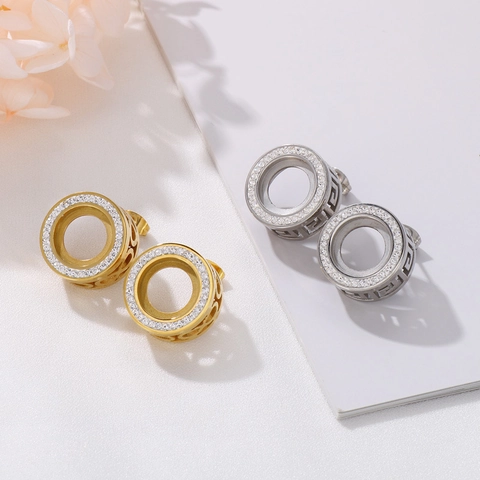 Edelstahl Runde Stecker Ohrringe Mit Strass Zirkon Hohl Geometrisches Muster Für Damen Modischer Schmuck
