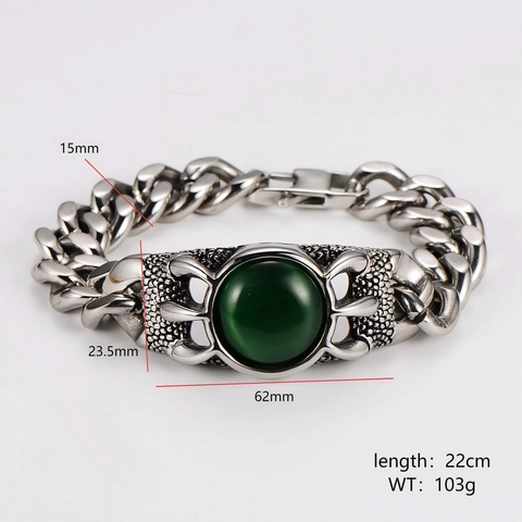 Bracciale Catena Cubana Da Uomo In Acciaio Inossidabile 304 Con Pietra Sintetica Verde Tonda Artiglio Di Drago Gioielli Punk