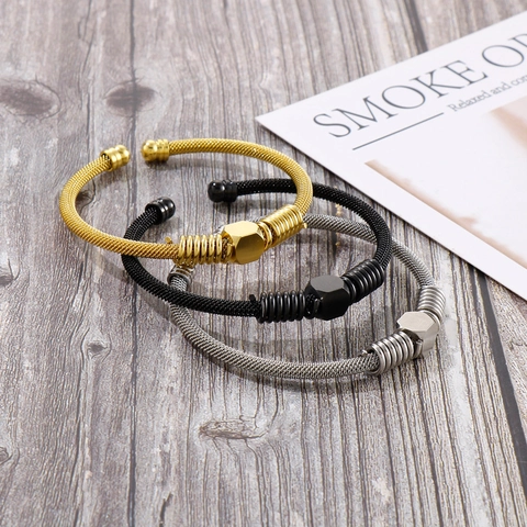 Men's Stainless Steel Wire Mesh Weave Cuff Bracelet Industrial Punk Titanium Steel Open Bangle Hexagon Spring Detail