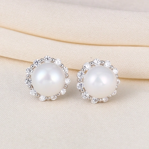 925 Sterlingsilber Naturperle Zirkonia Halo Ohrstecker Für Damen Elegant Geometrisch Krone Schmuck Geschenk Accessoire