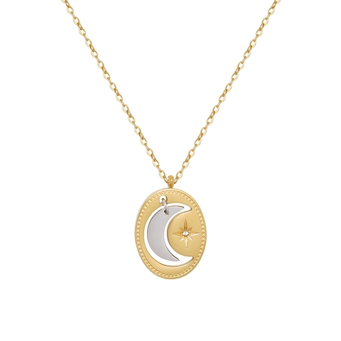 Edelstahl Halskette 18K Vergoldet Oval Zweifarbig Mond Und Stern Anhänger Vintage Eleganter Schmuck Für Damen