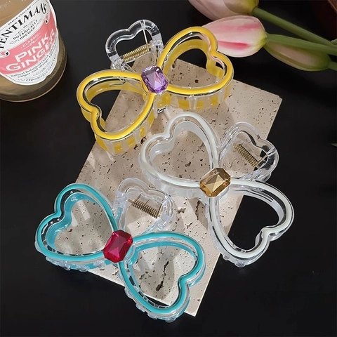 Pince À Cheveux En Forme De Cœur Avec Nœud En Strass Acrylique Transparent Doux Pour Femmes Filles Accessoires Cheveux