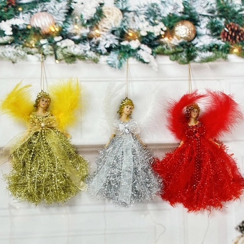 Decorazione Da Appendere Angelo Di Natale Ala Di Piuma Plastica Lustrini Lametta Ornamento Albero Vacanze Regalo Bambola