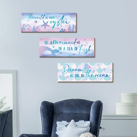 Decorazione Murale in Legno Sirena Acquerello Tema Nautico Citazioni Ispiratrici Segni Appesi Arte Oceano per Ragazze