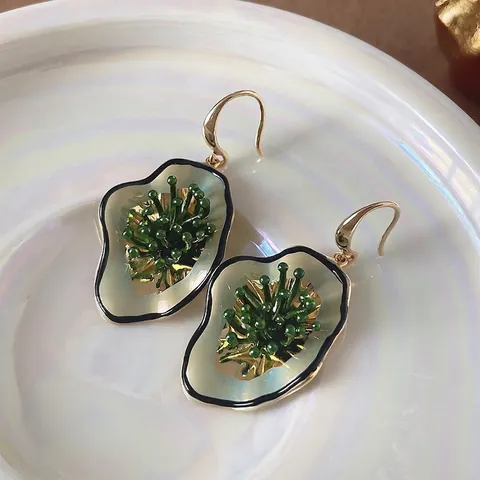 Irregular Flower Stamen Drop Earrings Green Enamel Copper Vintage Elegant Hook Jewelry With Silver Earring Post