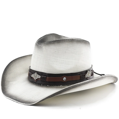Vintage Western Cowboy Hat Woven Paper Straw Wide Brim Gradient Sun Protection Breathable Fedora For Men Women