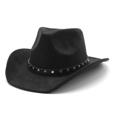 Western Cowboy Hat Suede Polyester Wide Brim With Rivet Leather Band Retro Sun Protection For Men Women
