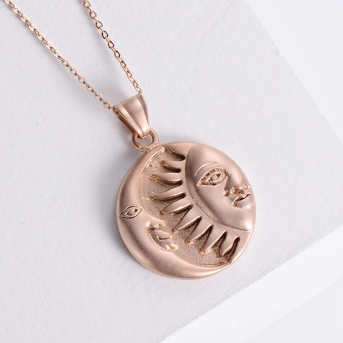 Collana Con Pendente Viso Sole E Luna Celeste Acciaio Inossidabile 304 Placcato Oro Rosa Vintage Rilievo Rotondo