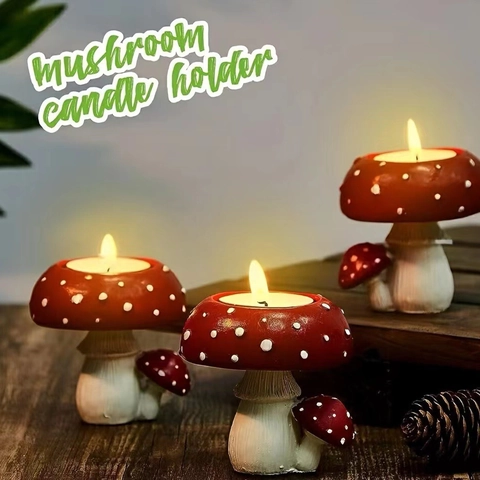 Mushroom Candle Holder Resin Red White Spotted Tea Light Stand Desktop Decorative Craft Ornament Fairy Garden Style
