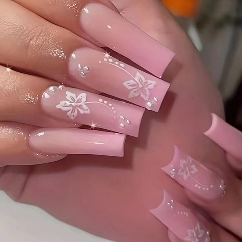 Pink Gradient Press On Nails With White Flower Patterns And Artificial Pearl Long Square Shape Sweet Elegant Style