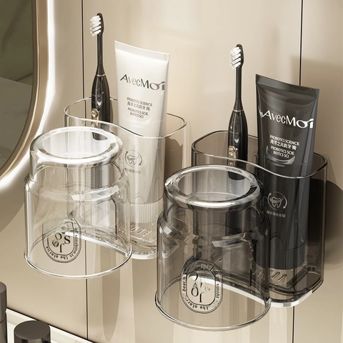 Portaspazzolino Da Parete E Bicchiere Per Sciacquo Senza Foro Trasparente PET Acrilico Moderno Organizzatore Portaoggetti Bagno Lusso
