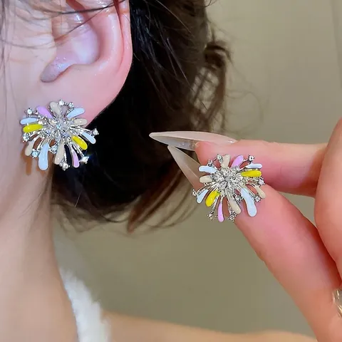 Feuerwerk Blume Ohrstecker Mit Buntem Emaille Tropföl Rhinestone Und Silver Earring Post Für Damen Mode Schmuck