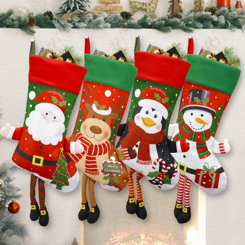 Grote Kerstsokken Polyester Vilt Hangende Cadeautassen 3D Lange Benen Kerstman Rendier Sneeuwpop Pinguïn Decoratie