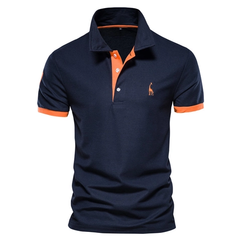 Polo De Hombre Manga Corta Bordado De Jirafa Malla De Piqué Transpirable Corte Ajustado Color Contrastado Casual