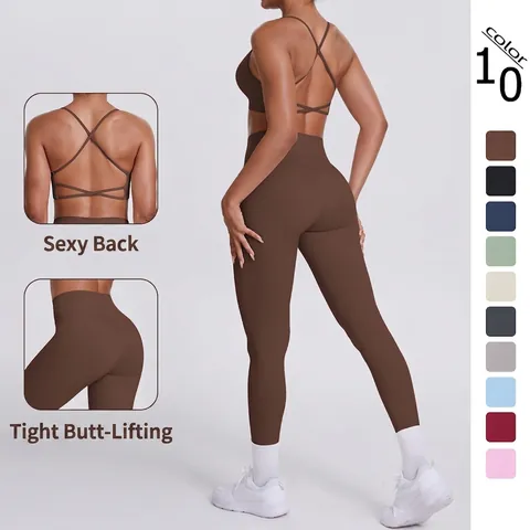 Women Yoga Outfits Nylon Spandex Cross Back Sports Bra And High Waist Leggings Breathable Slim Fit Fitness Workout Running