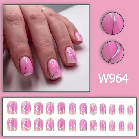 Kurze Quadratische Runde Press On Nägel Rosa Ombre Verlauf Silberne Geometrische Linien Einfache Süße Künstliche Falsche Nägel