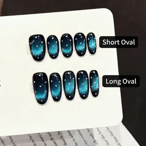Handmade Press On Nails Starry Sky Cat Eye Blue Black Gradient Glitter Oval Shape Dreamy Galaxy Artificial Nails