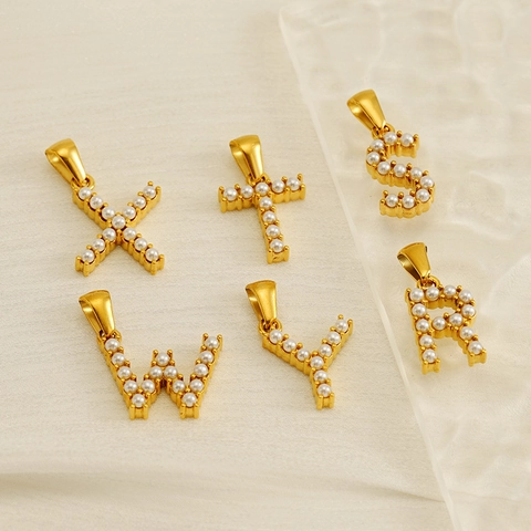 Ciondolo Lettera Iniziale Acciaio Inossidabile 304 Placcato Oro Intarsio Perla Artificial Gioielli Alfabeto Elegante Accessorio Donne Ragazze