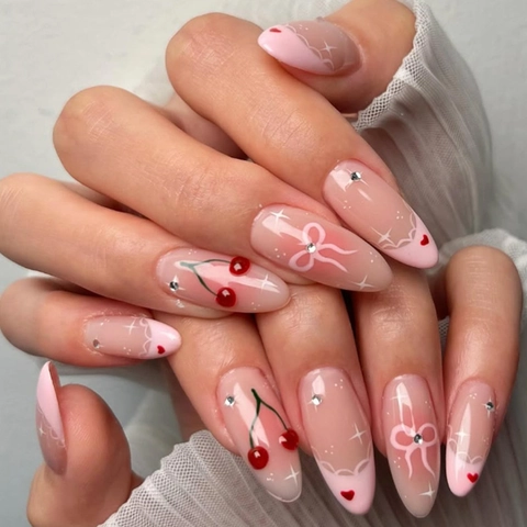 Uñas Postizas Rosa Degradado Cereza 3D Lazo Francés Diamantes De Imitación Forma Almendra Manicura DIY Elegantes Mujeres
