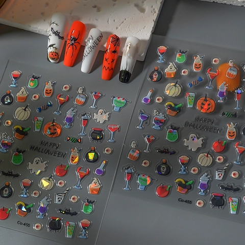 Halloween 5D Geprägte Nagelkunst Aufkleber Geist Kürbis Fledermäuse Spinne Selbstklebend Maniküre Dekore Holografisch DIY