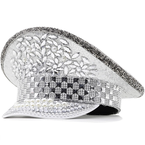 Cappello Da Capitano Con Paillettes E Strass Luccicanti Cappello Militare Con Künstliche Perle Per Festa Palcoscenico Punk Lusso